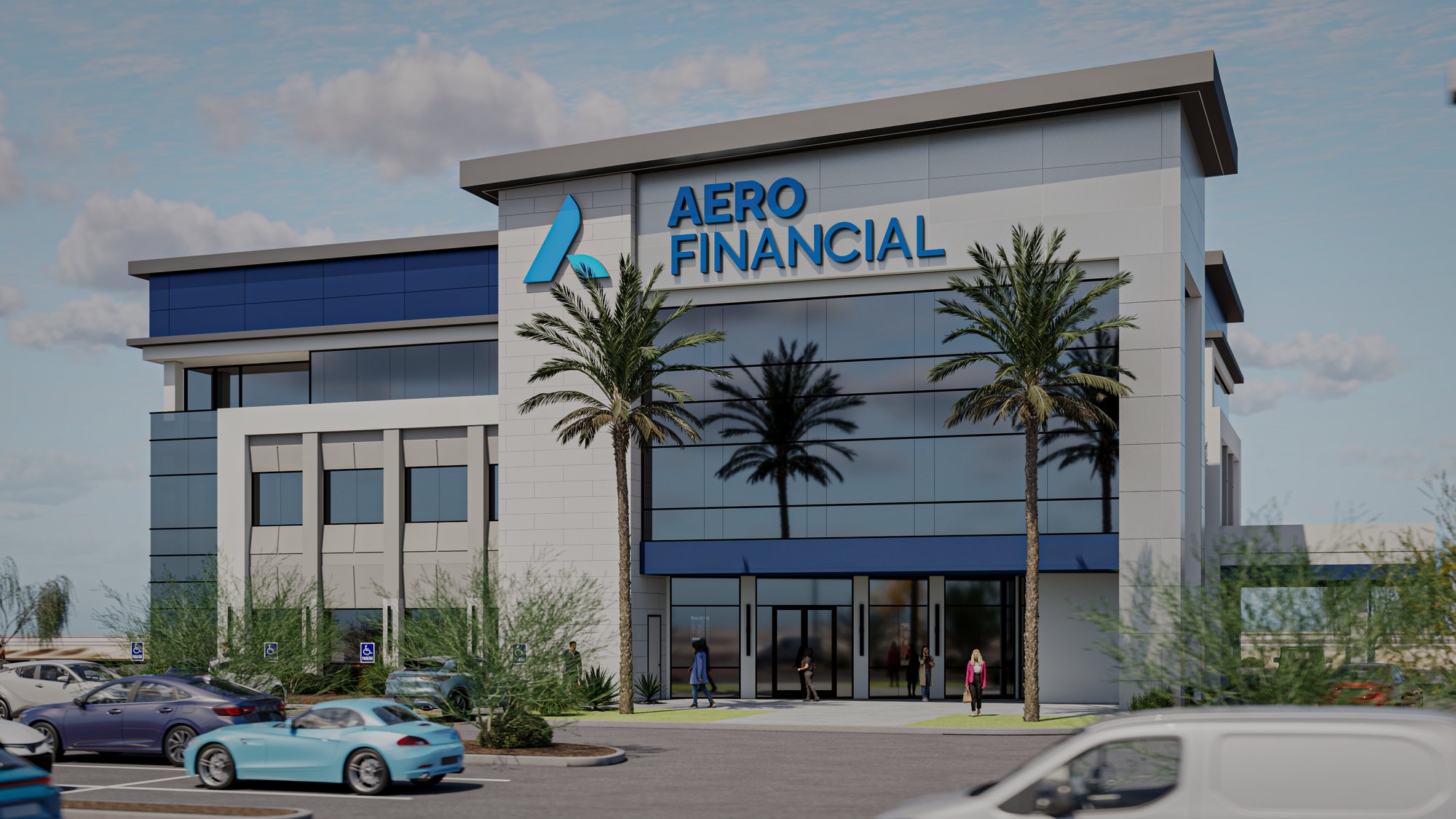 AERO Financial HQ Rendering - Building Exterior on a Sunny Day