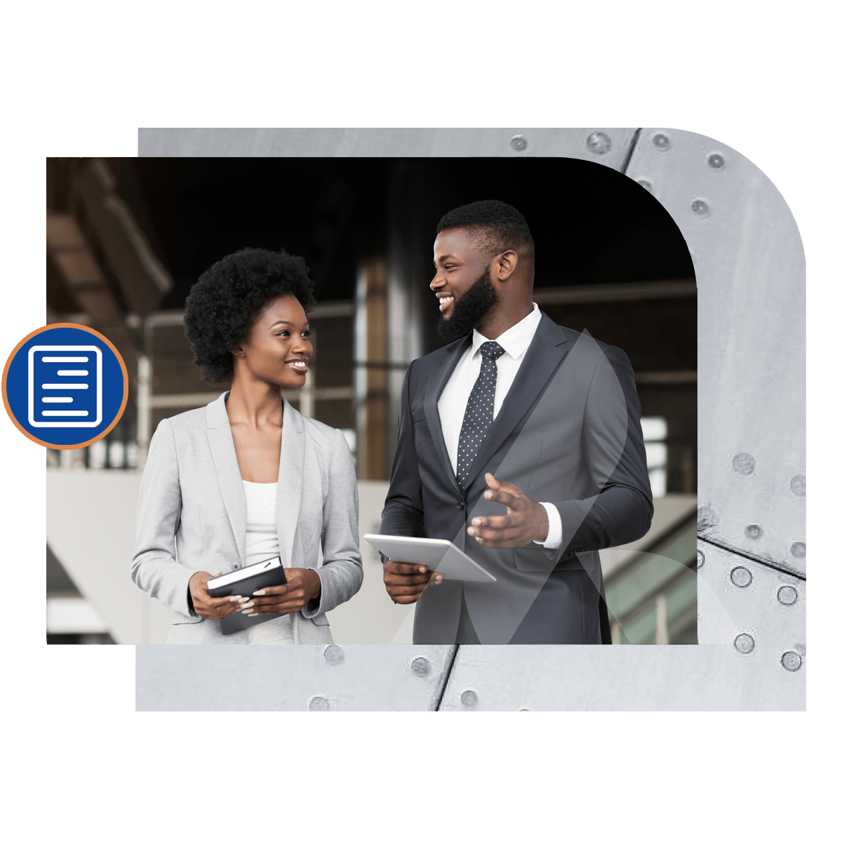 Two business partners in suits holding a notebook and tablet talking about Business Checking Account options