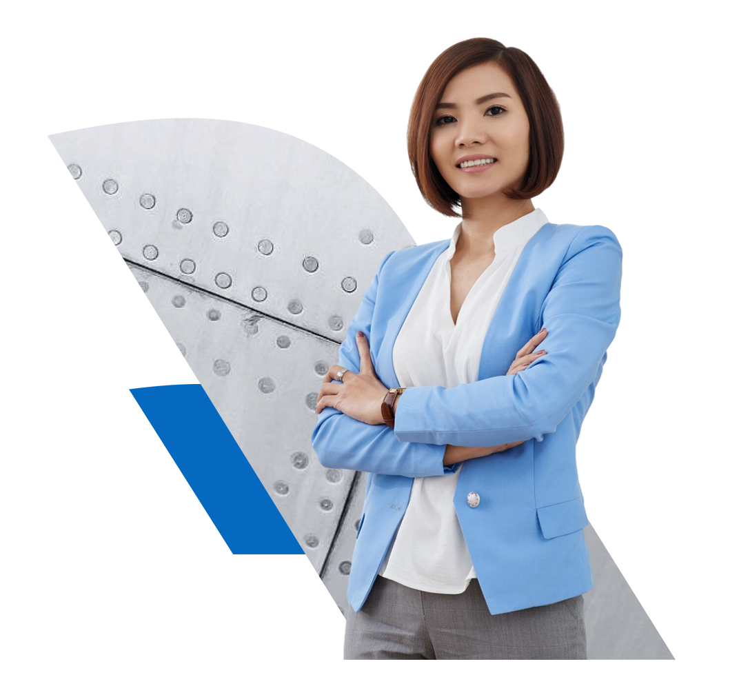 Business woman in blue suit jacket with her arms crossed