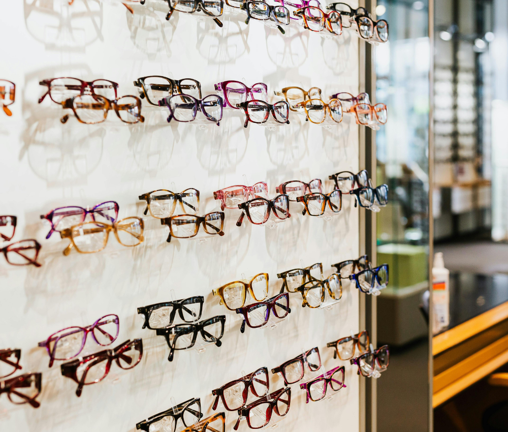 Eyeglasses on a rack