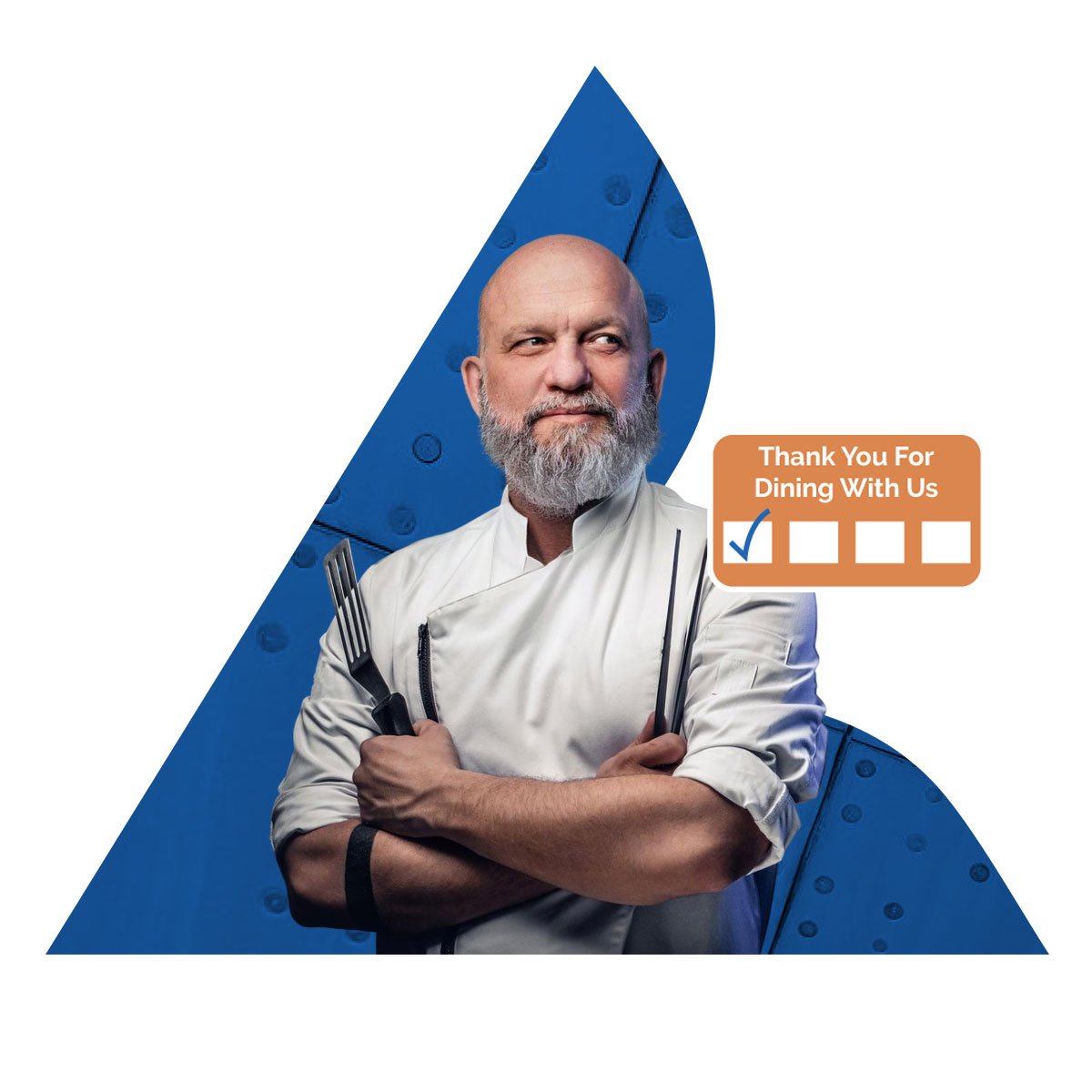 Bald chef in a white coat with his arms crossed holding cooking utensils.