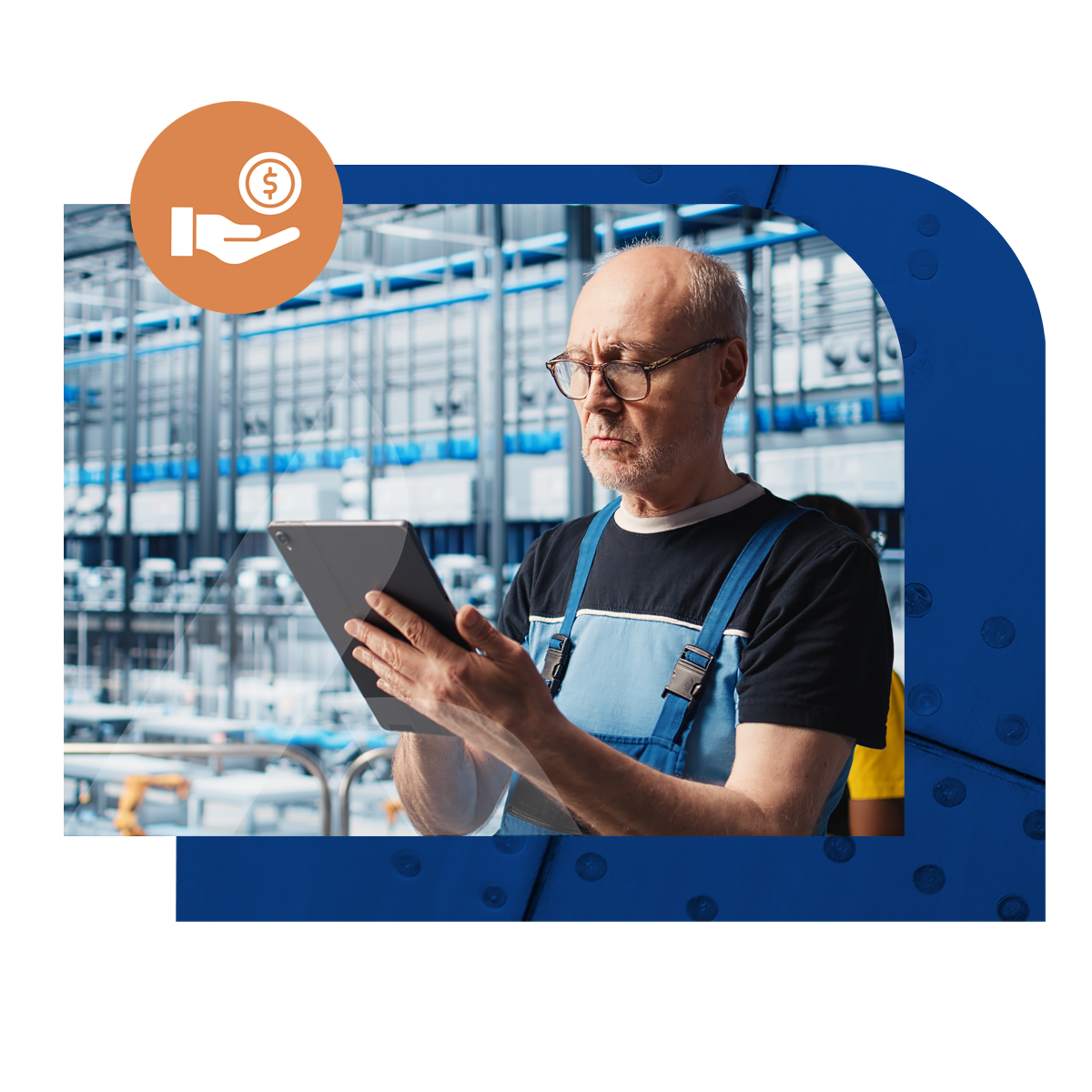 Business man in an apron and glasses in a factory looking at his tablet.