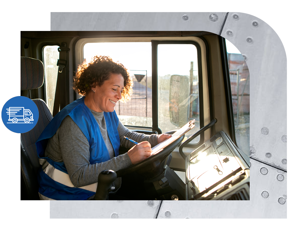 Business woman in blue vest driving her truck for her job