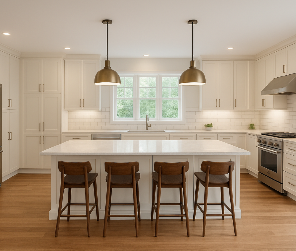 Kitchen with oak wood floors and new white cabinets