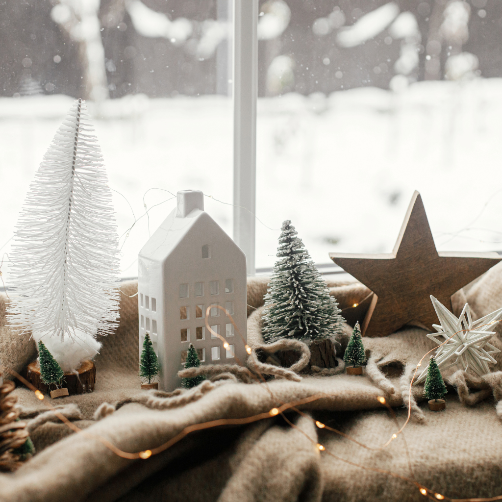 Holiday Home Decor with Snowy Window Background