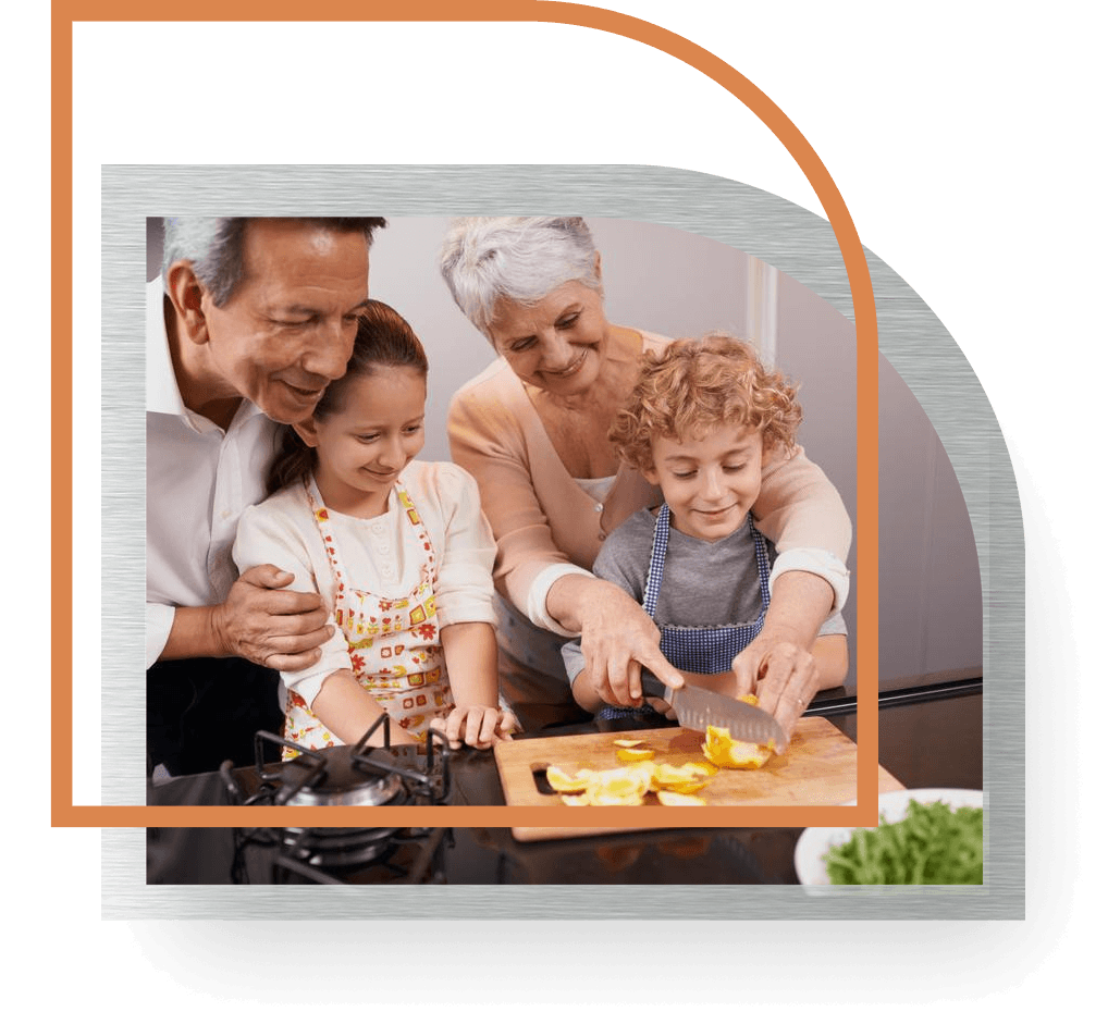 Grandparents cooking with grandchildren 