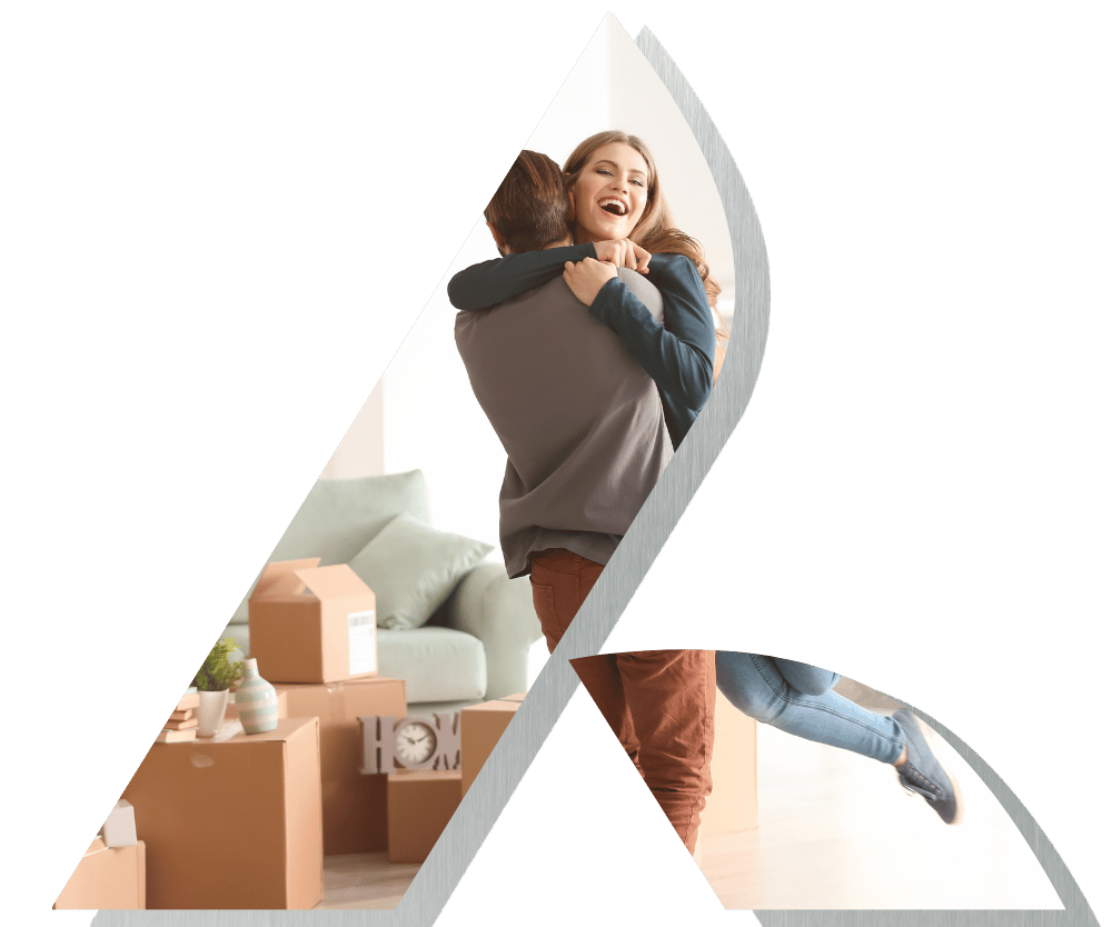 Man and woman in living room with moving boxes