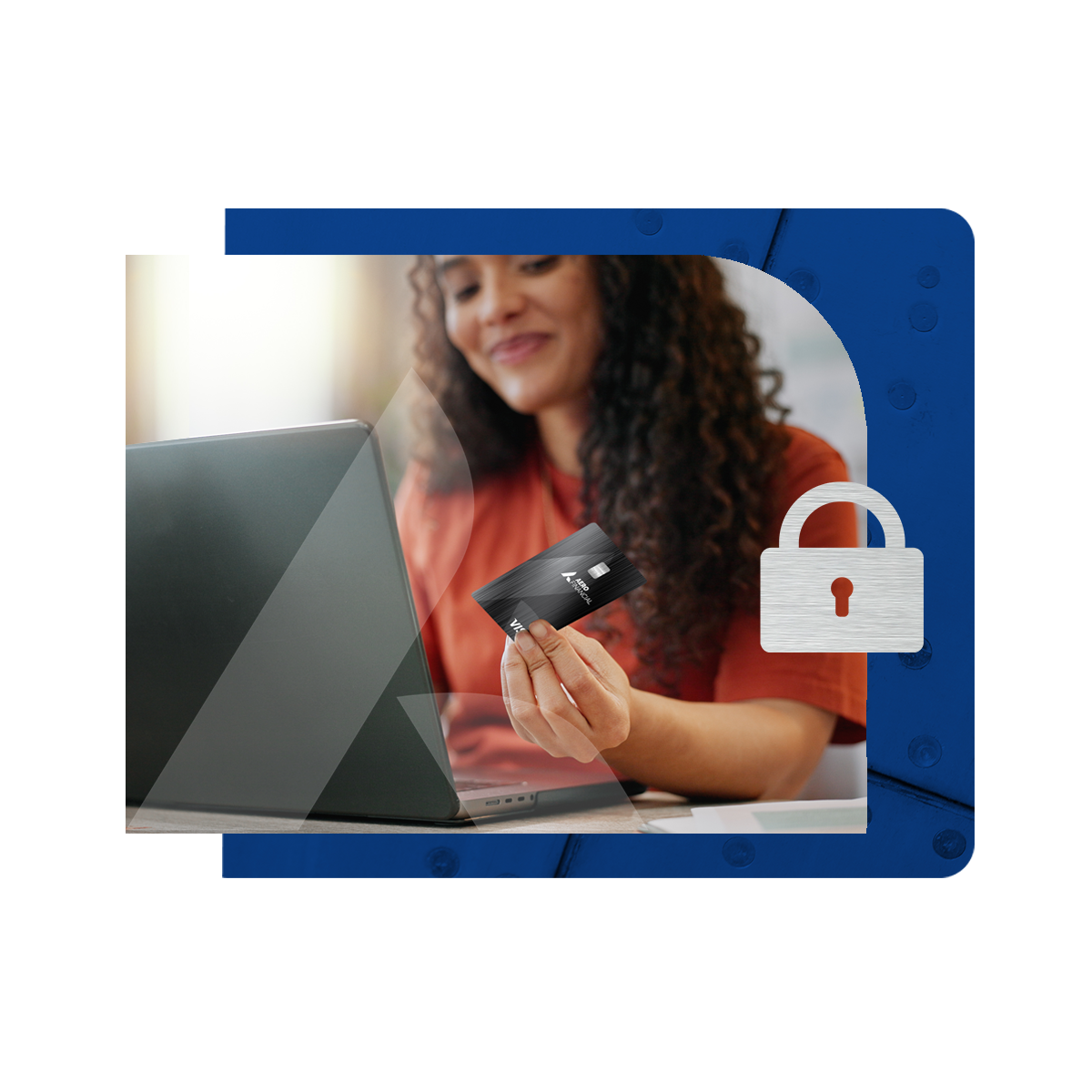 Woman in orange shirt holding a credit card with a silver lock