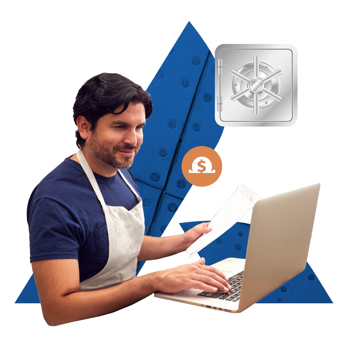 Business owner in white apron reviews his Business Savings Account on his laptop Business owner in white apron reviews his Business Savings Account on his laptop