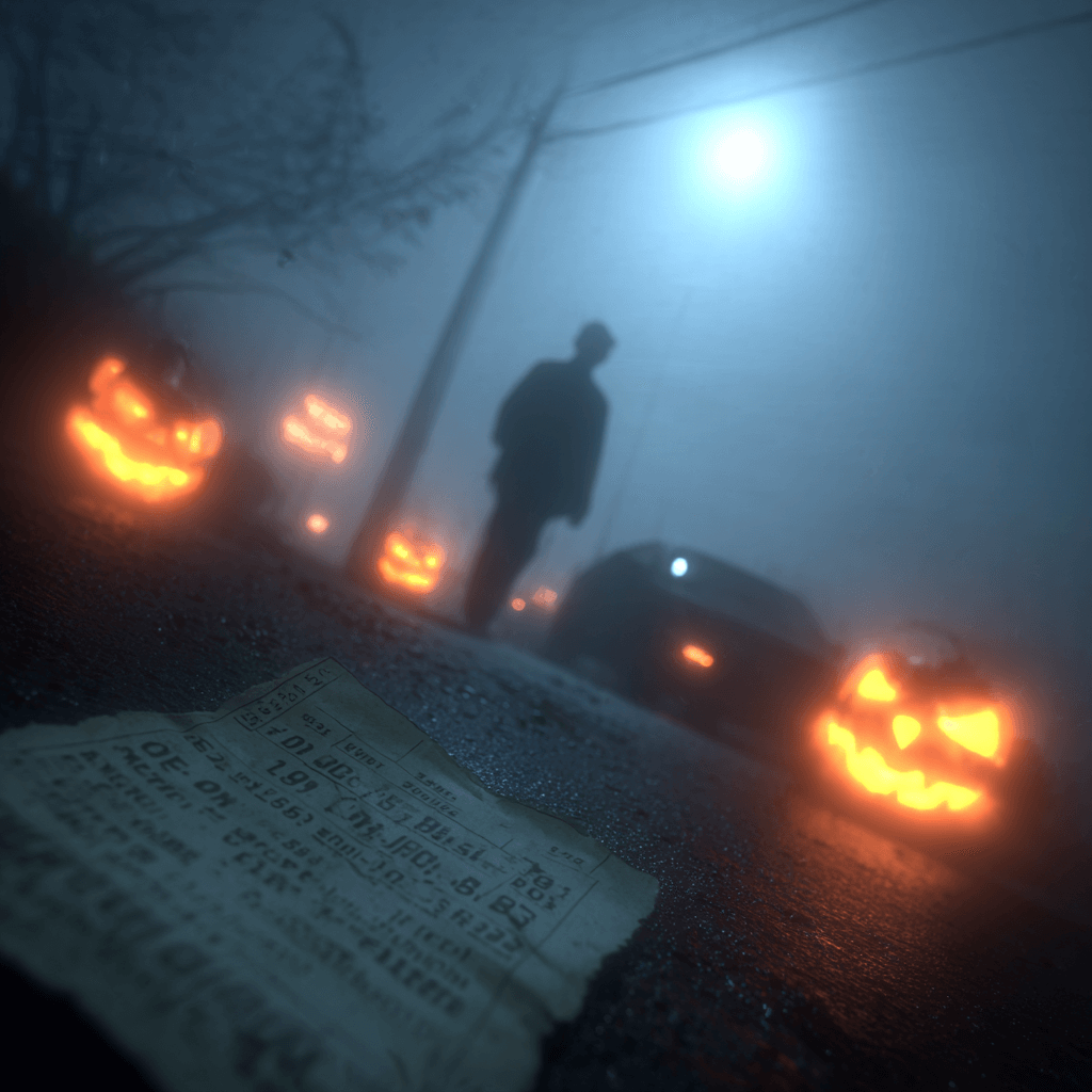 Create an image featuring a shadowy, fog-filled street with the silhouettes of jack-o'-lanterns casting an eerie glow. In the background, a person stares at a faded receipt, symbolizing the unexpected financial scares that can come with Halloween spending.
