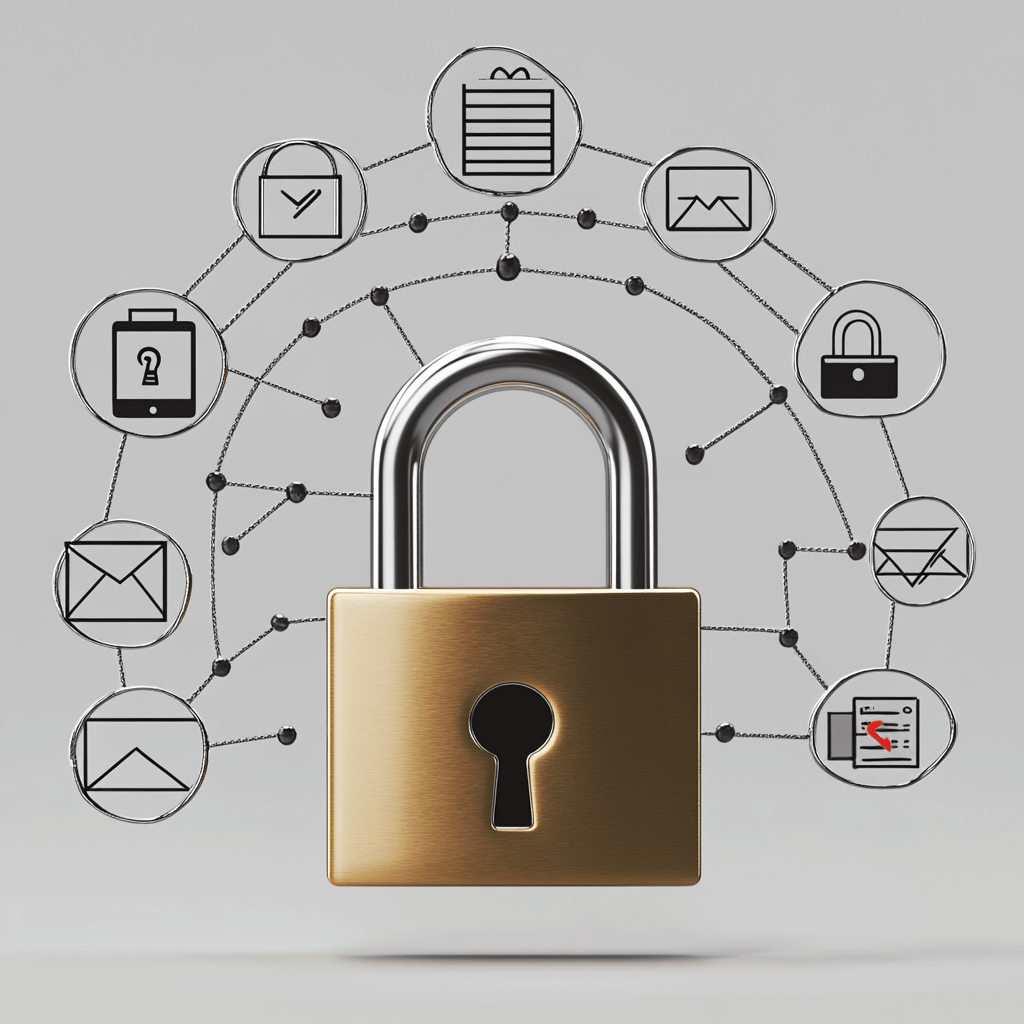 A conceptual image depicting a padlock with different types of communication icons (emails, phones, letters) around it, symbolizing the protection of personal information against scams. The image should convey a sense of security and alertness.