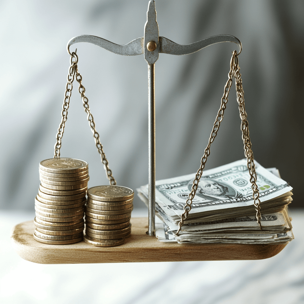 A conceptual image showing a balanced scale with stacks of coins on one side and a pile of bills on the other, representing the concept of a balanced debt-to-income ratio.