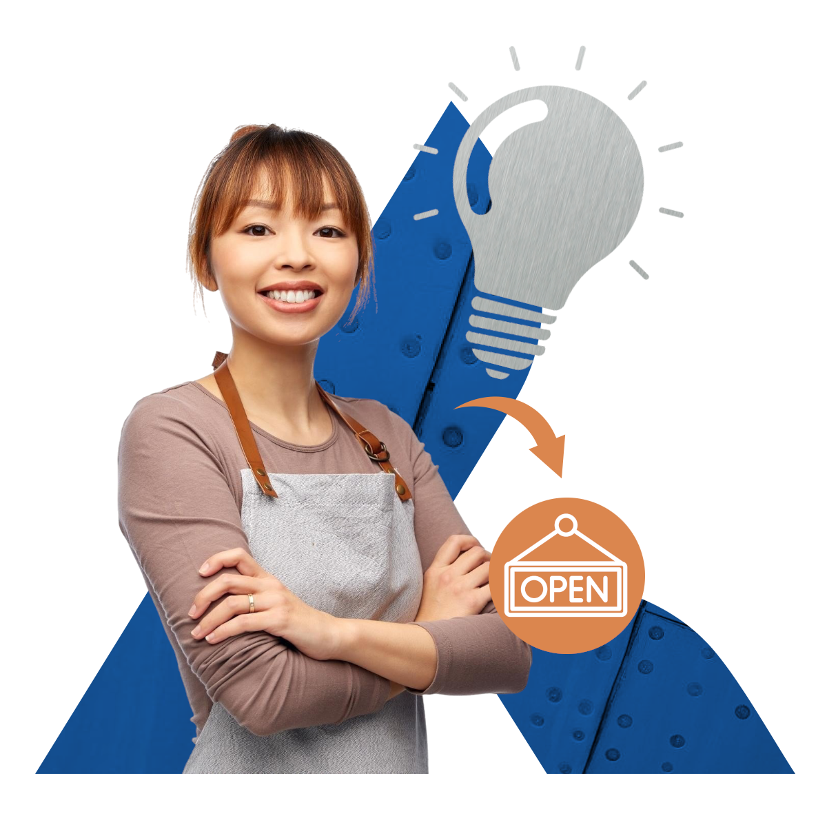 Business owner wearing an apron crossing her arms and smiling. AERO Financial logomark in the background, and a lightbulb and open sign icon in the foreground. Business owner wearing an apron crossing her arms and smiling. AERO Financial logomark in the background, and a lightbulb and open sign icon in the foreground.
