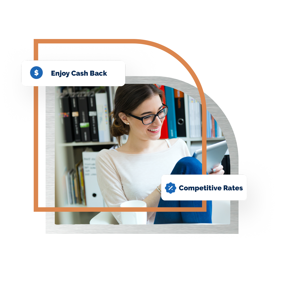 Business woman in glasses smiling at her tablet shopping