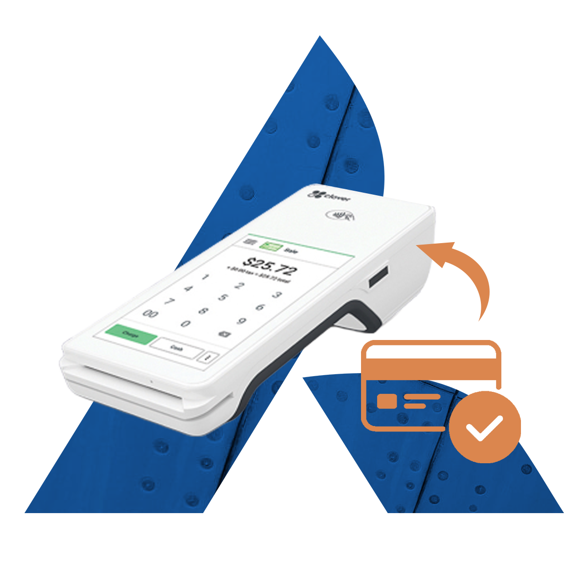 White handheld mobile credit card payment processor with orange credit card. White handheld mobile credit card payment processor with orange credit card.